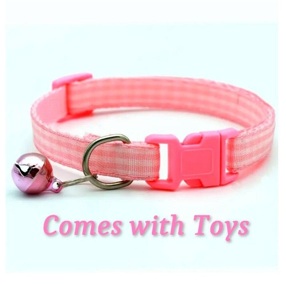 Jamie Jase Pink Gingham Plaid Bell Accented Cat Collar with Toys Gift Package